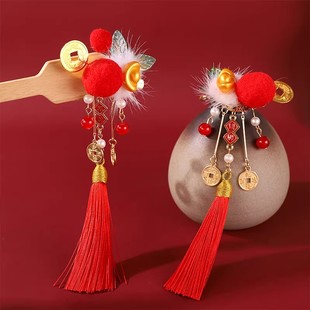 新年汉服发饰可爱红色毛球小财神流苏发夹儿童过年喜庆拜年服对夹