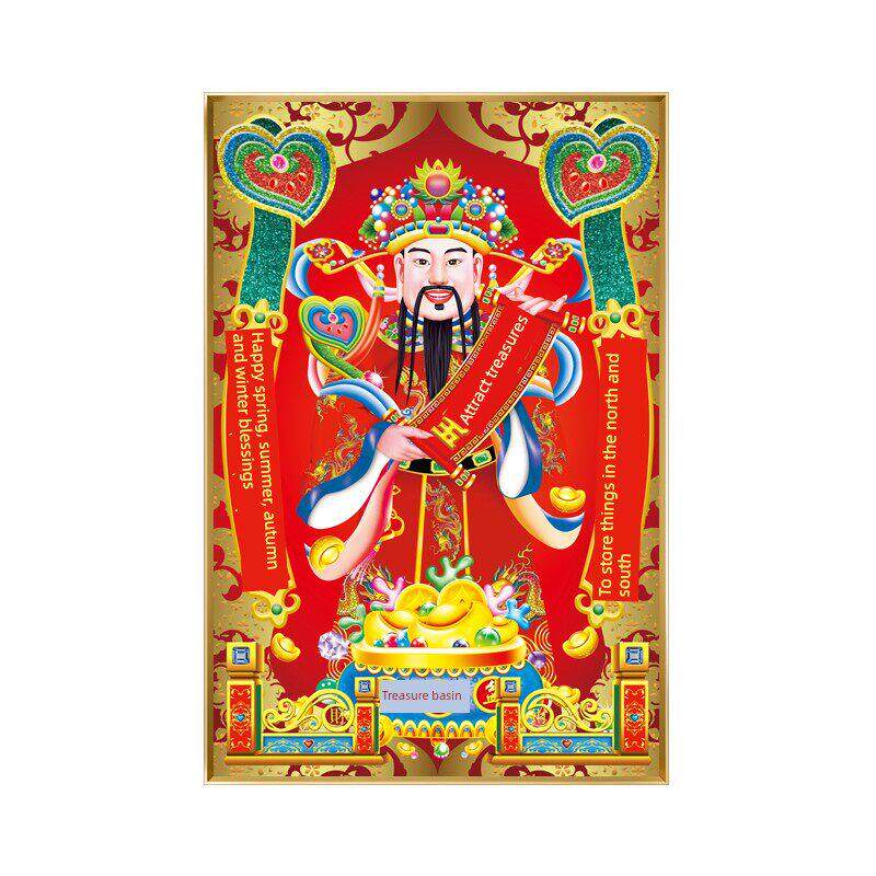 新中式迎财神爷挂画中堂五路财神画像镶钻玄关镇宅招财墙壁装饰画