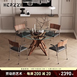 高级感圆桌子 HERZZI小户型实木钢化玻璃餐桌家用饭桌客厅2025新款