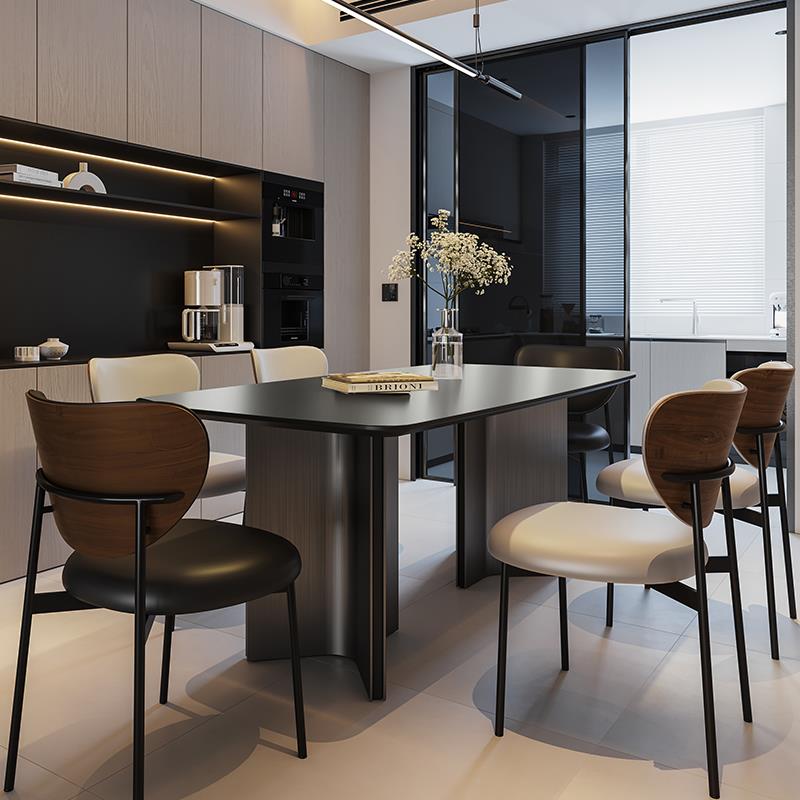 士伦意式简约现代黑色岩板餐桌椅组合长方形复古小户型侘寂风家用