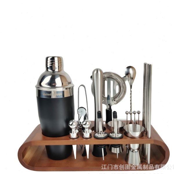 酒吧工具鸡尾酒套件黑色不锈钢调酒器酒具套装带木架
