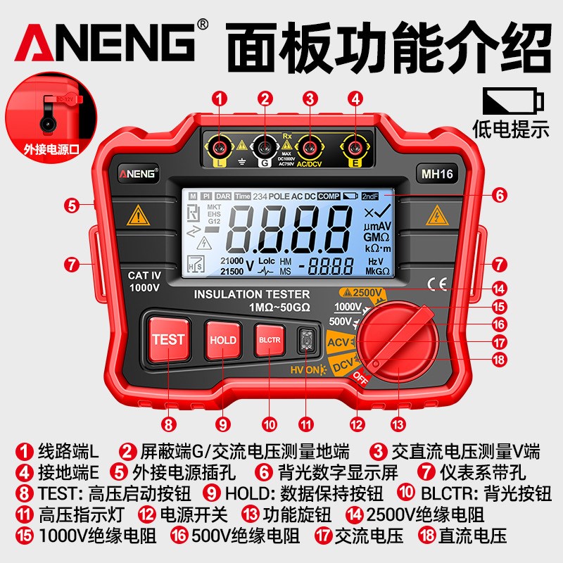 ANENG高压电阻测试仪高精度电工高阻计2500V绝缘电阻测试仪兆欧表