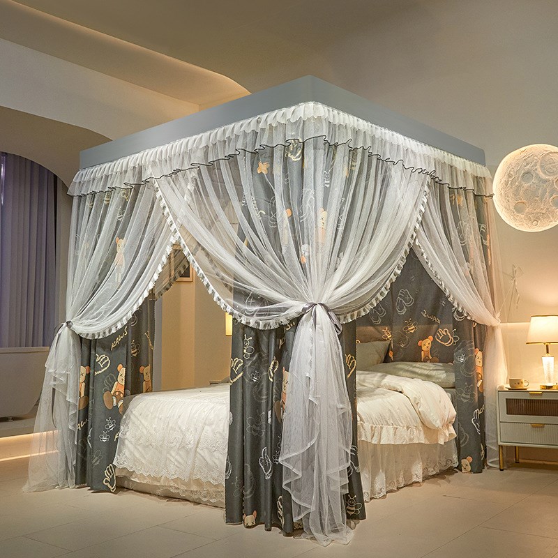 四季款三开门宫廷式落地床幔蚊帐加密加厚帐纱家用单双人蚊帐