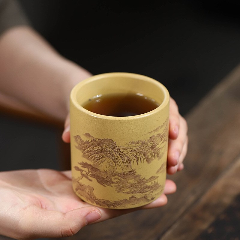 宜兴紫砂杯手工泥绘刻绘品茗杯山水主人杯原矿段泥 单个杯子245ml