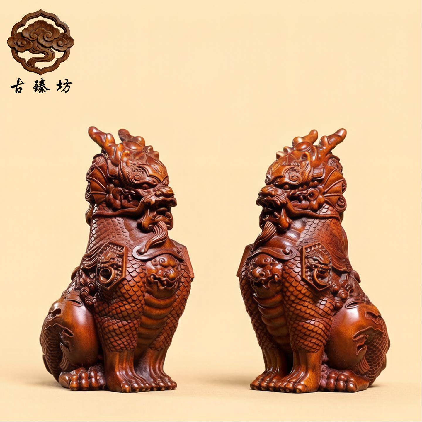 彷古黄杨木雕蹲坐麒麟摆件貔貅瑞兽家居装饰工艺礼品摆饰实木手把