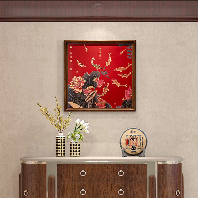 锦鲤荷花九鱼图走廊入户玄关装饰画新中式铜雕画禅意茶室方形挂画图片