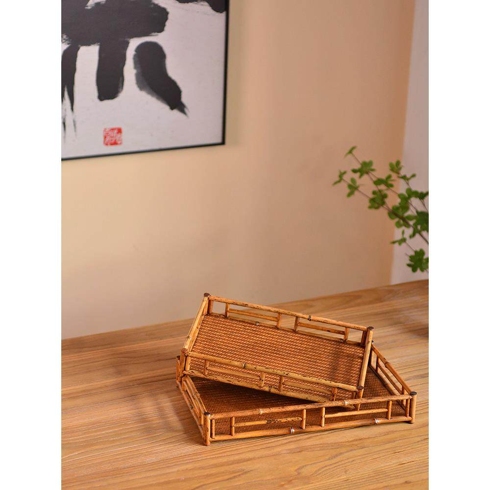 梅鹿竹茶具收纳盘竹制干泡台茶道端茶盘茶棚茶杯架茶托盘竹编茶盘