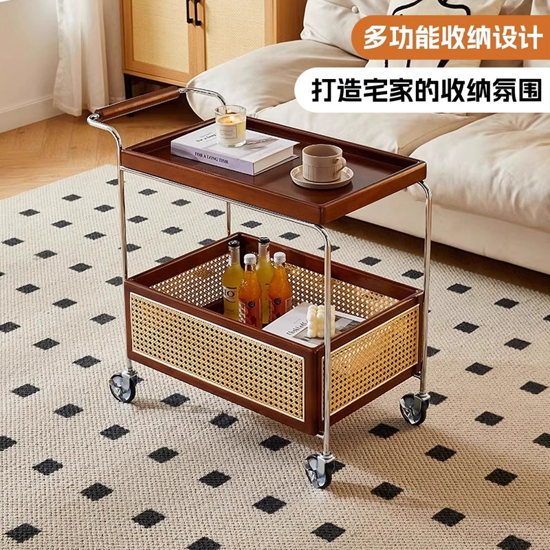 中古风小推车实木仿藤编客厅沙发边几可移动茶几置物架角几餐厅柜