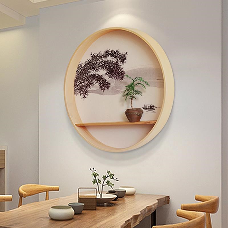 网红圆形挂画新中式玄关墙面装饰画日式餐厅茶室背意景墙水墨画壁图片