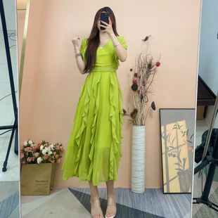 法式 轻熟甜美气质雪纺荷叶边仙女长款 连衣裙D0618 依易原创