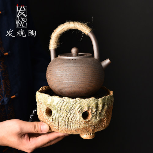 发烧陶粗陶绑绳提梁壶大容量侧把壶复古壶围炉煮茶套装陶瓷电陶炉