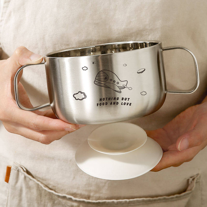宝宝辅食碗316不锈钢碗婴儿用双层防摔防烫带把手带盖儿童吃饭碗