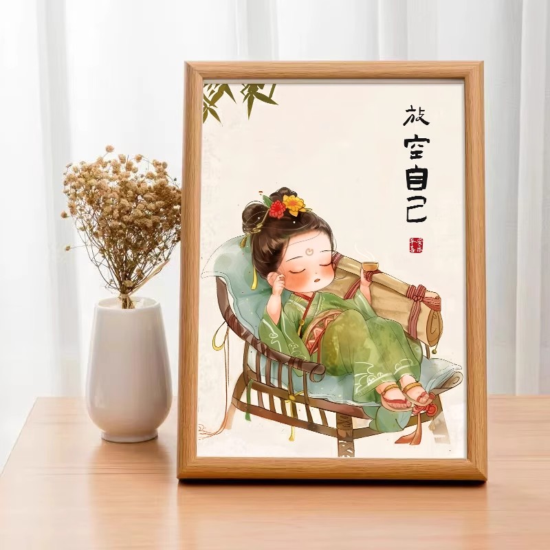 新中式创意古风少女桌面摆台画无忧无虑学生书房书法字画相框摆件