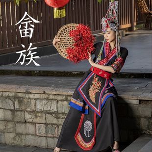 新款畲族服装女演出服高端刺绣舞蹈表演少数民族长裙舞台凤冠服饰