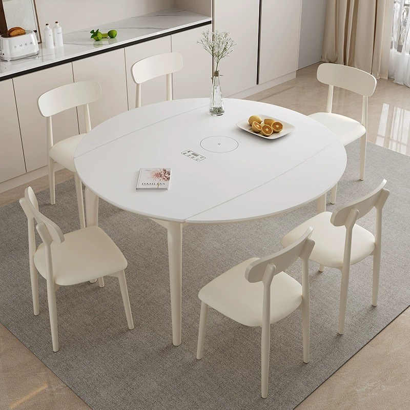 可伸缩岩板餐桌椅组合家用白色小户型法N式奶油风可变圆饭桌