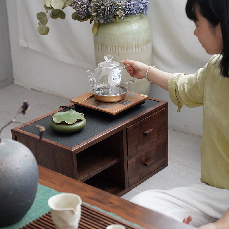 新中式茶边柜乌金石烧水台黑胡桃木炕桌柜榻Q榻米日式飘窗茶家具