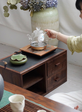 新中式茶边柜乌金石烧水台黑胡桃木炕桌柜榻Q榻米日式飘窗茶家具