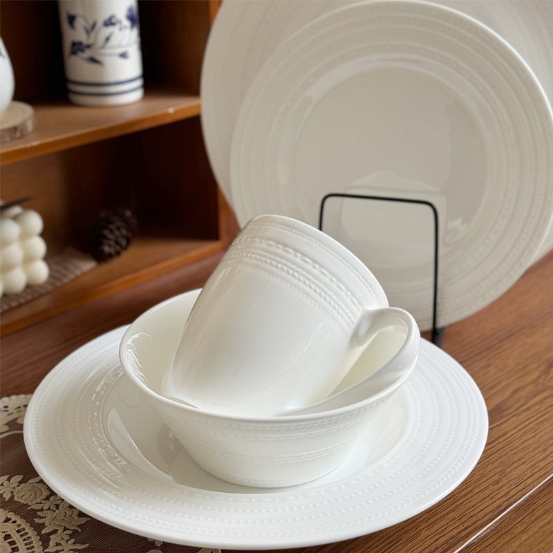 北府 法式环形i浮雕骨瓷甜品碗沙拉碗斗笠碗面碗米饭碗小碗可微波