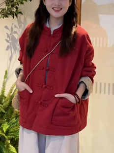 中式 高级感气质显贵加厚保暖棉衣 红色国风盘扣棉服外套女秋冬新款