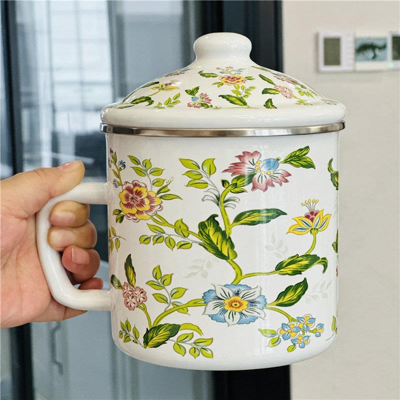 出口俄罗斯搪瓷茶缸茶杯水杯茶缸子老式国产加厚珐瑯搪瓷杯子带盖
