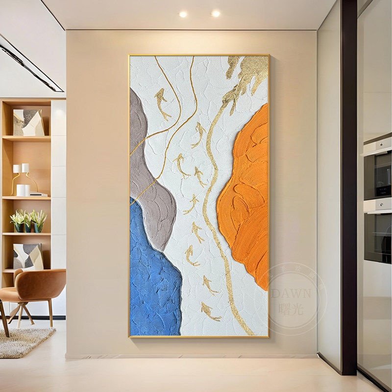 如鱼得水大芬油画村手绘入户玄关挂画金箔轻奢九鱼图走廊过道壁画,家居饰品,油画,淘宝优惠券,粉丝福利购,淘宝优惠卷