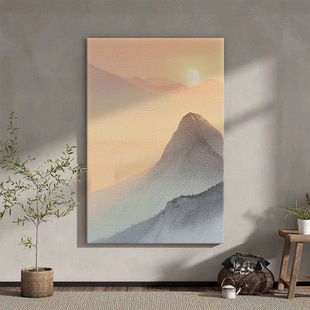侘寂风泰山日出纯手绘油画玄关装饰画客厅走廊过道简约抽象肌理画