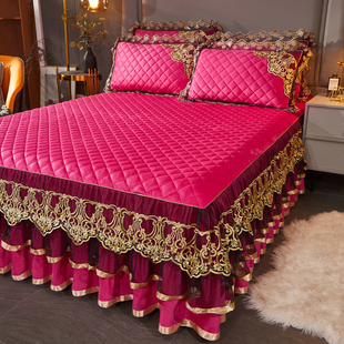 欧式 保暖短毛绒防滑床套冬 水晶绒夹棉床裙单件加厚珊瑚绒床罩裙式