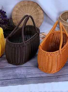 仿藤塑料编织提手方形野餐篮PP仿藤篮购物篮菜篮采摘果篮子果蔬篮