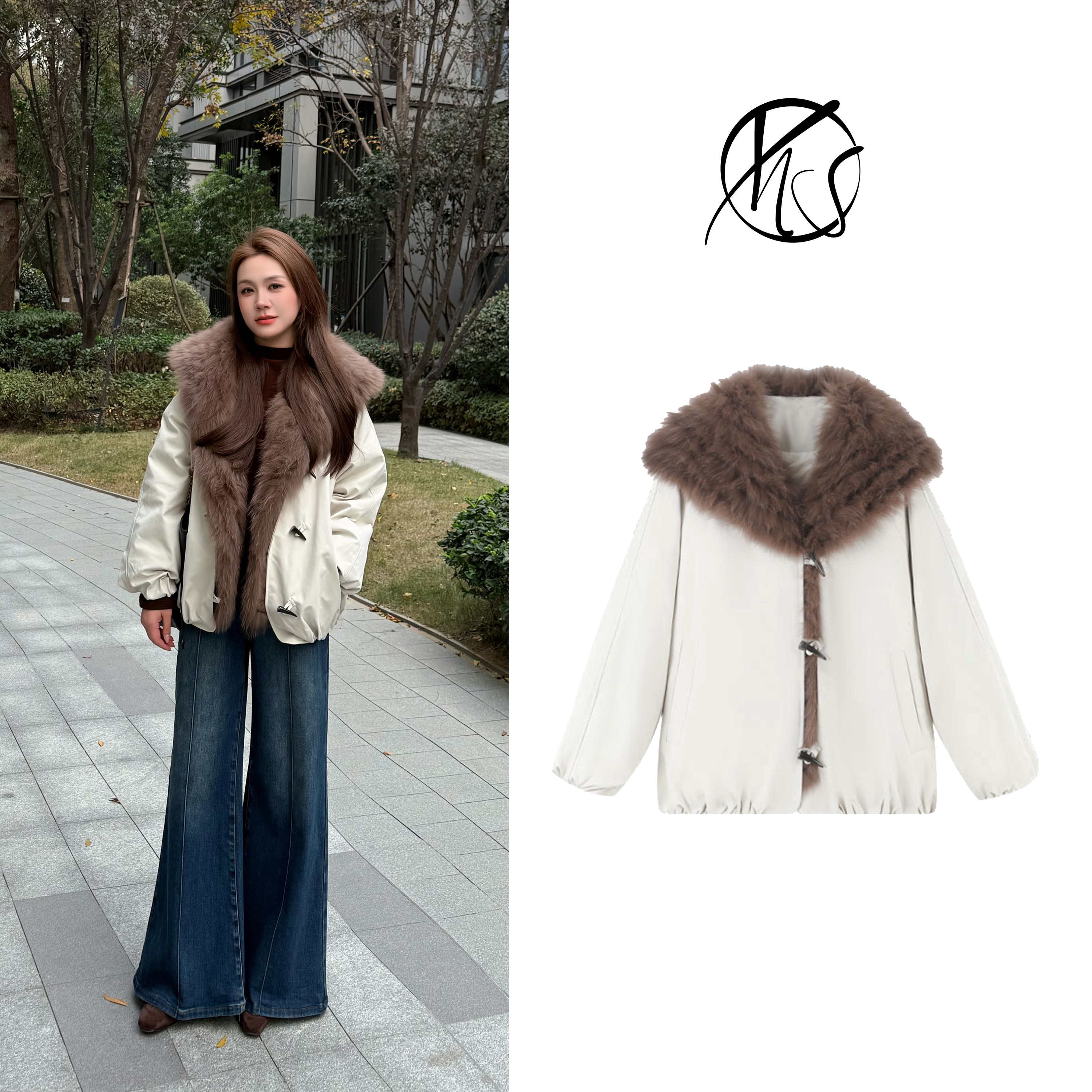 真狐狸毛拼边90白鸭绒羽绒服