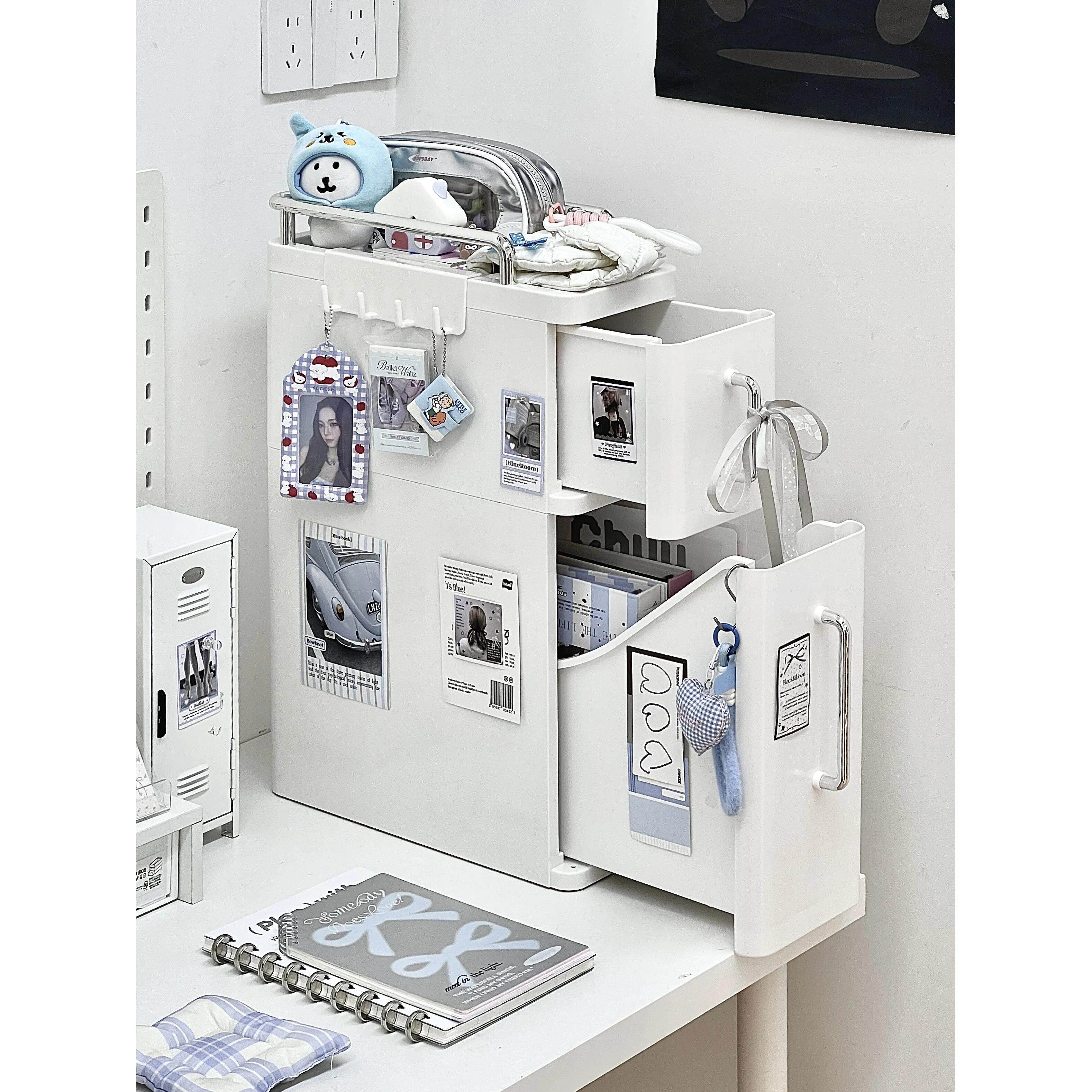 ins风书桌桌面抽拉式文具窄缝收纳柜学生桌上收纳盒白柜子抽拉柜