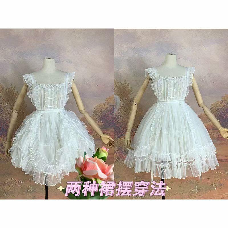 单罩裙 汉洋折衷 抽带提拉两穿优雅网纱JSK蝴蝶结 lolita围裙罩纱