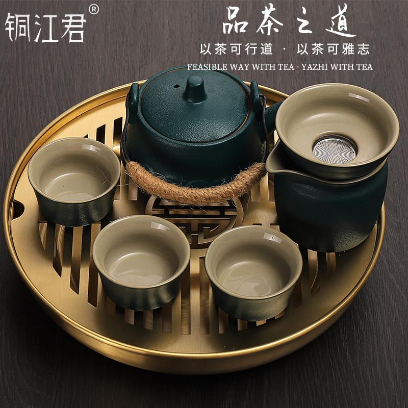 纯黄铜圆形茶盘家用储水式功夫干泡茶盘轻奢现代商用小茶盘