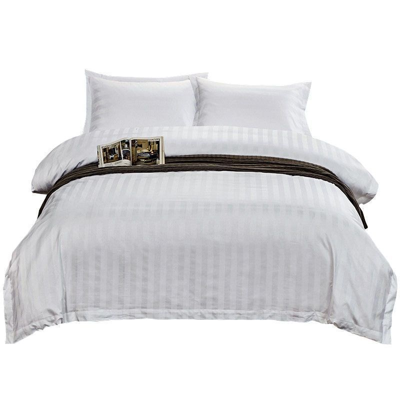 家纺四件套酒f店布宾馆加厚三件套白色缎条床上用品床单被套枕套