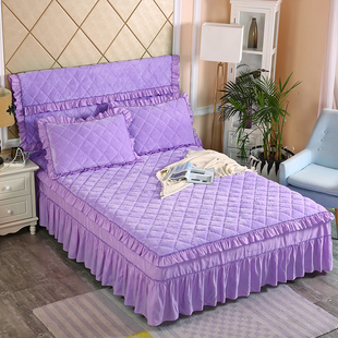 法兰绒床裙款 单件珊瑚绒1.5米1.8床防滑三件套 夹棉加厚床罩套裙式
