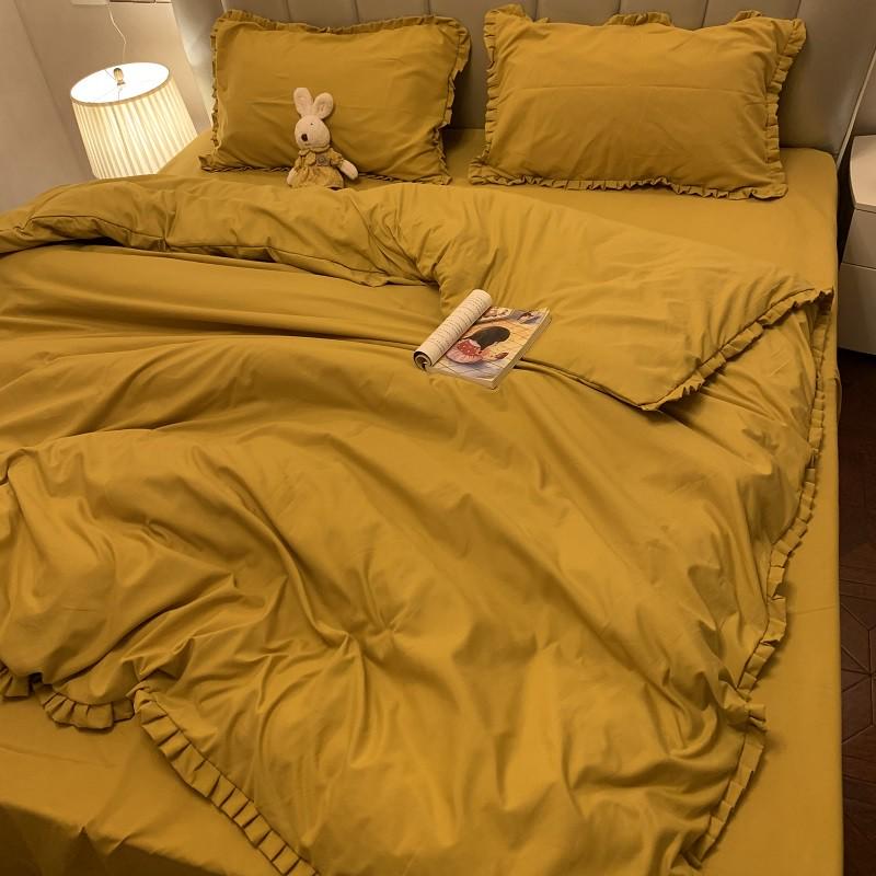 日式姜黄纯色花边四件套2m民宿风简约双人床P单床笠被罩宿舍三件