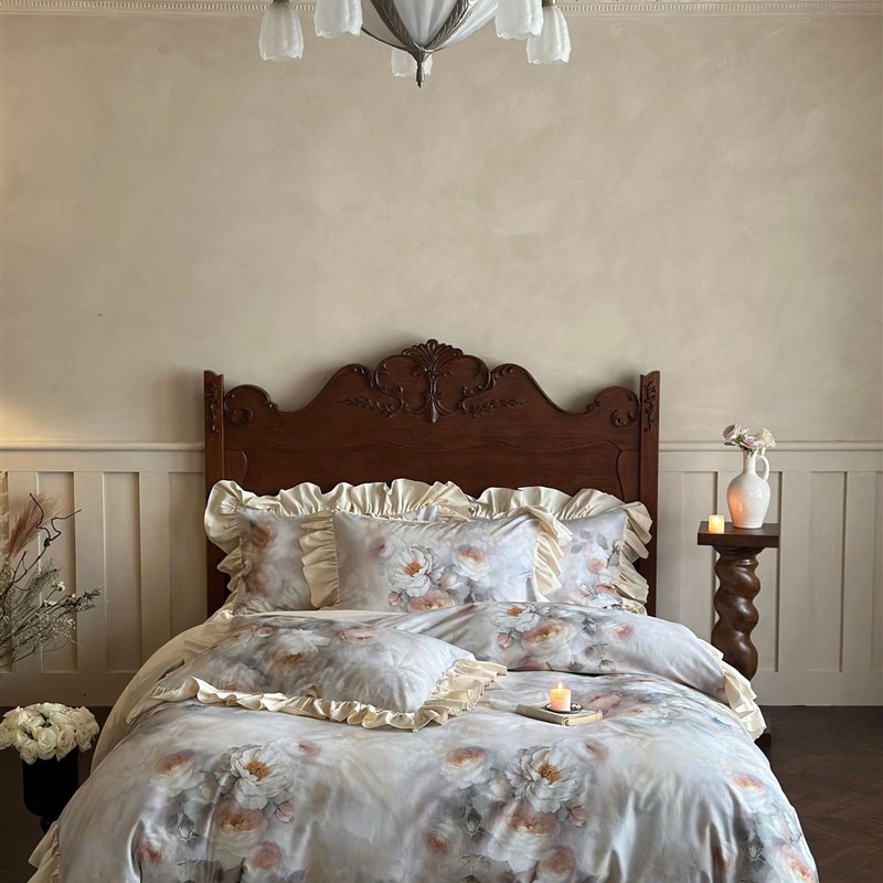 50支双股长绒棉磨毛四件套荷叶花边数码印花被套加厚床单床上用品