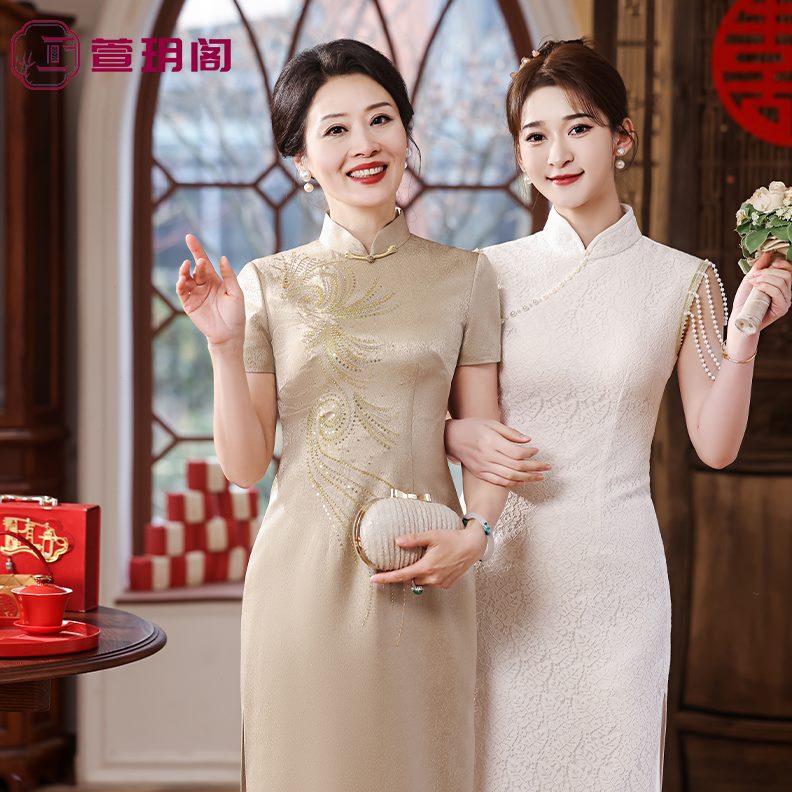 高端礼服女儿结婚香槟色旗袍喜婆旗袍