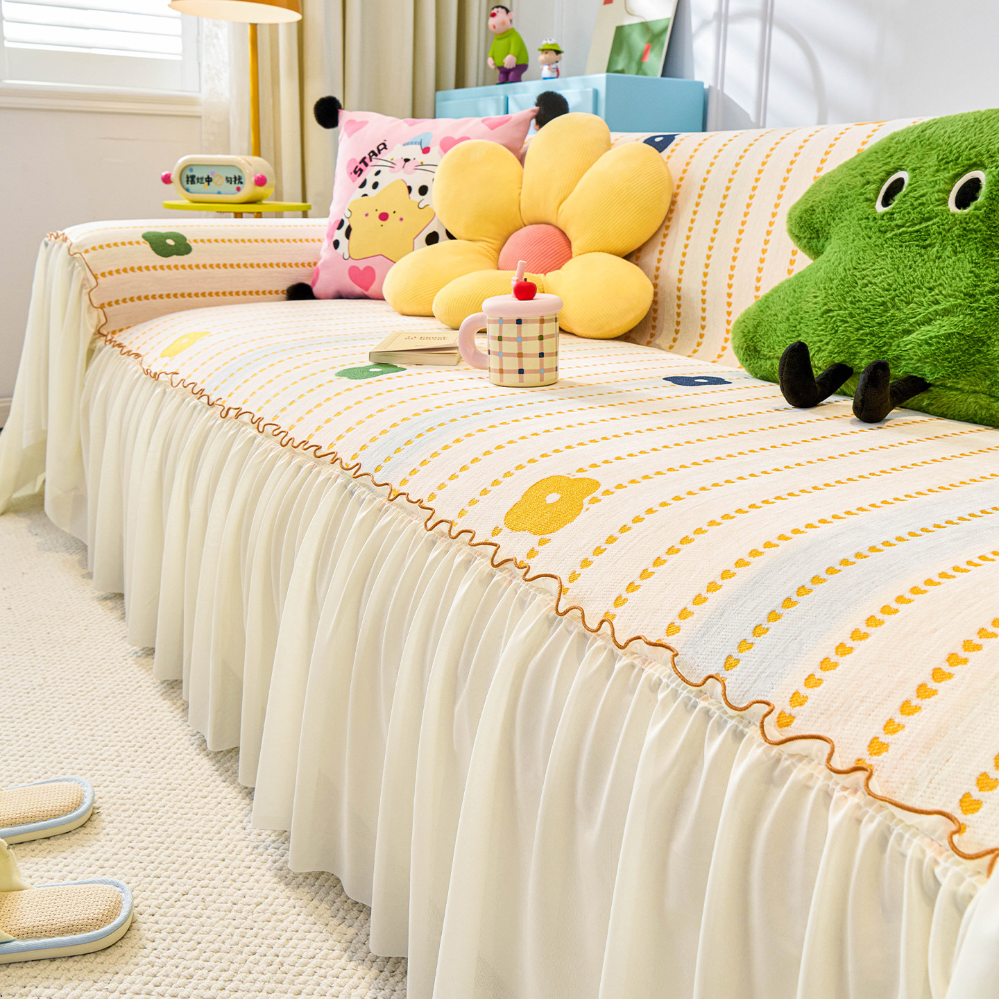 法式裙边沙发盖布巾全盖四季通用防滑防猫抓沙发毯奶油风坐垫套罩