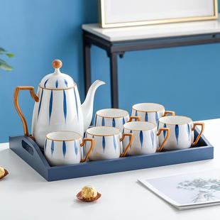 家用客厅水具杯子日式 陶瓷水杯套装 手绘咖啡杯茶壶水壶带托盘