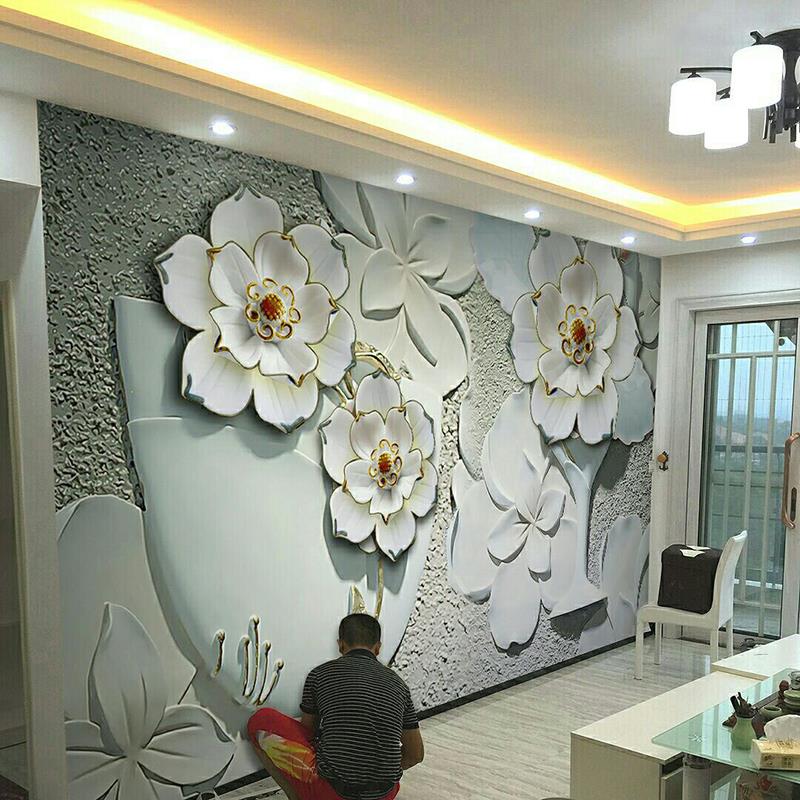 浮雕花纹客厅沙发电视背景墙壁纸北欧轻奢简约环保装饰壁画牡丹花图片