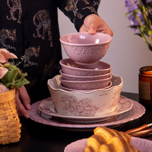 法式浮雕陶瓷碗碟盘套装家用复古饭碗汤碗菜盘整套西餐厅餐具盘子