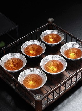 斗笠杯银杯子纯夫手鎏银茶陶瓷功品茗工茶碗镶银主人杯杯单杯茶盏