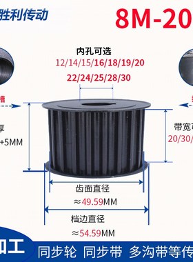 同步轮 8M 20齿 20/30/40/50带 传动轮M 皮带轮 碳钢 现货同步带