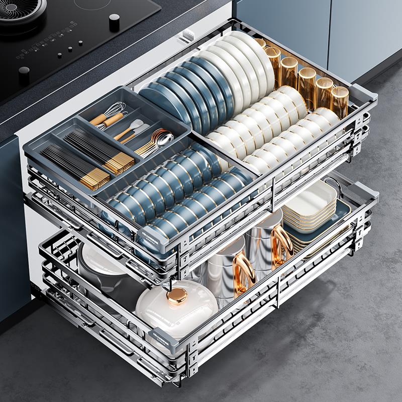 四季沐歌拉篮厨房橱柜不锈钢双层抽屉式碗柜碗碟收纳开门碟架碗篮