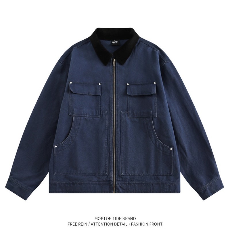 藏蓝色底特律工装夹克男秋冬美式cleanfit短款外套复古翻领棒球服