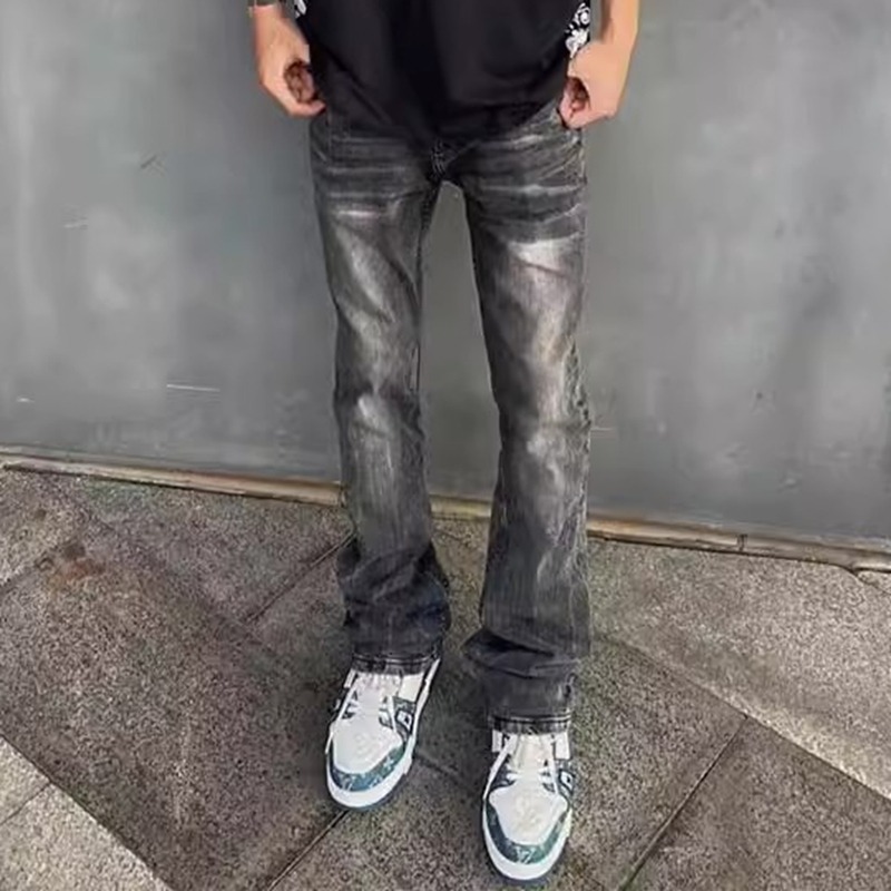 现货美式高街vibe风重磅水洗黑灰517cleanfit微喇修身牛仔裤男