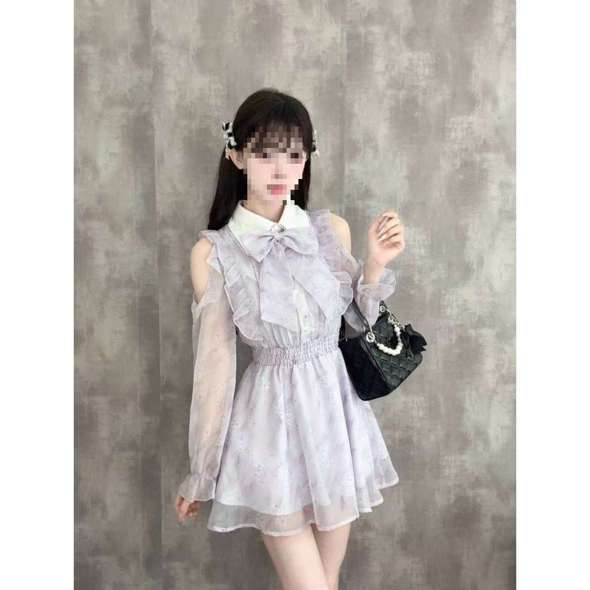 日单蕾系量产型Rojita风格秋季甜美少女清楚系蝴蝶结露肩连衣裙