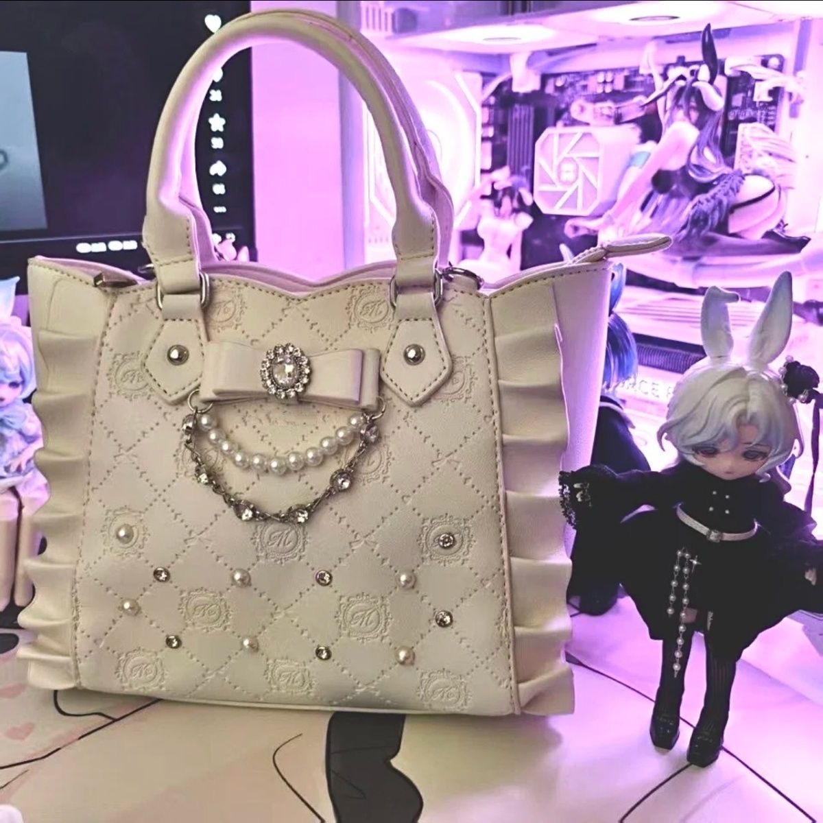 日单蕾系量产型清楚系蝴蝶结珍珠水钻包托特单肩斜挎包noemie风格