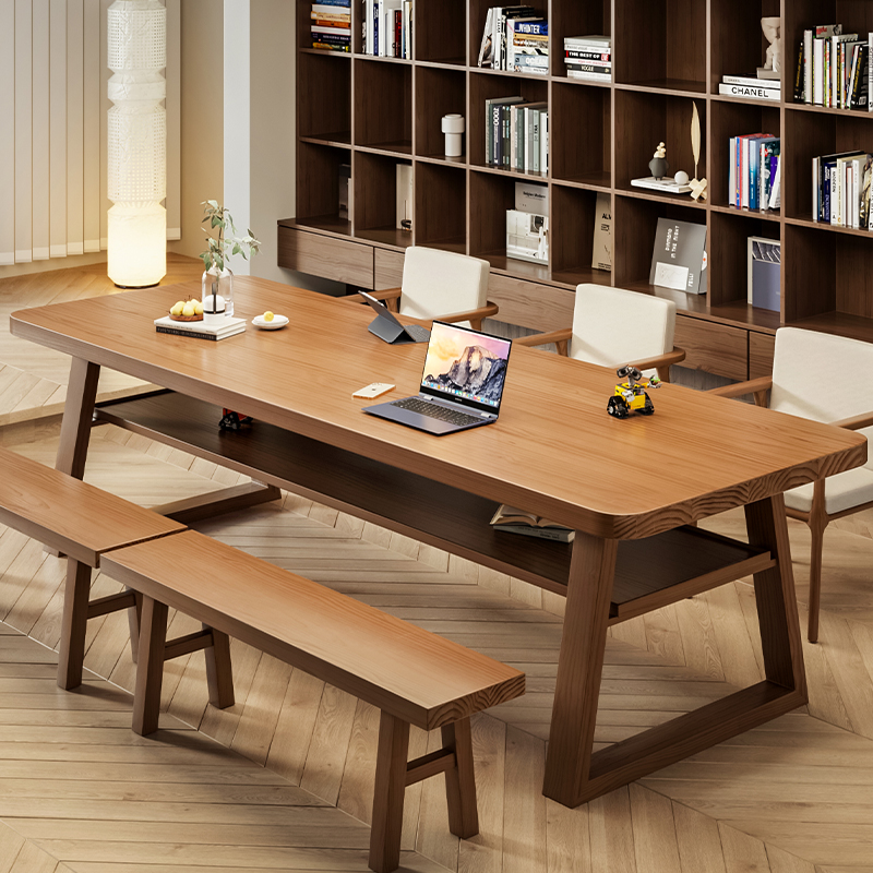 实木客厅大长书桌茶桌一体两用B工作台家用双人阅读学习桌简约