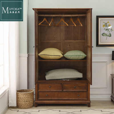 木鱼家具美式乡村实木双门衣柜白蜡木带顶柜实木胡桃色